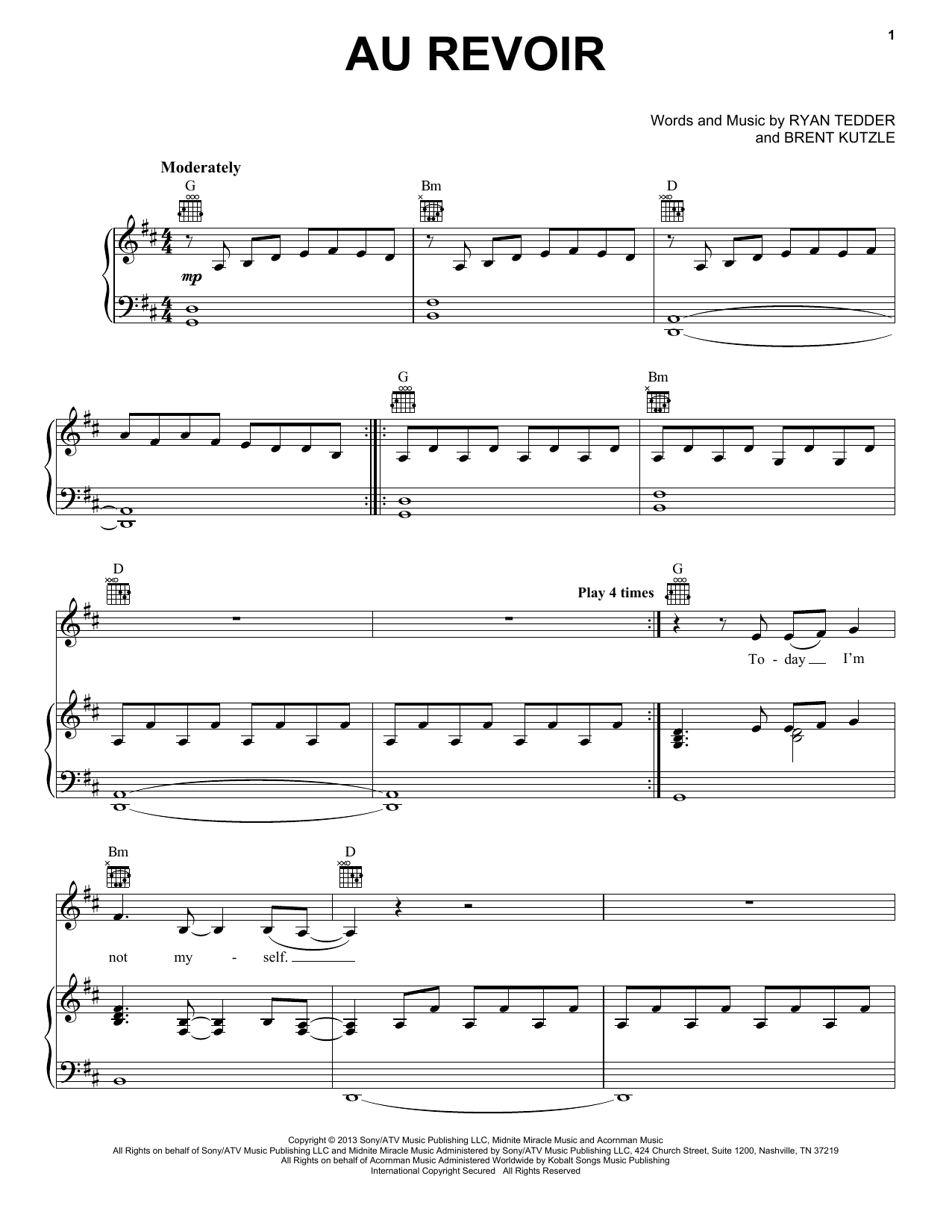 OneRepublic Au Revoir Sheet Music Notes & Chords for Piano, Vocal & Guitar (Right-Hand Melody) - Download or Print PDF