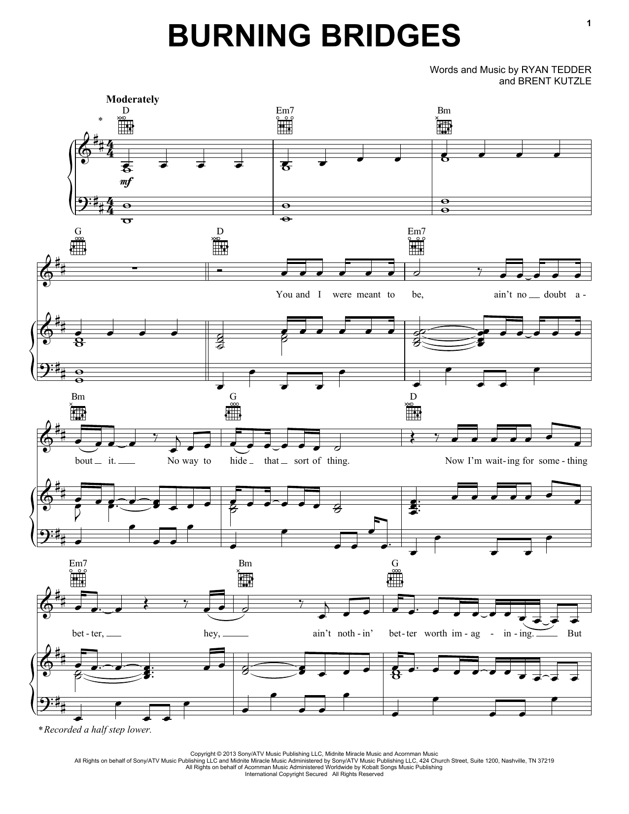 OneRepublic Burning Bridges Sheet Music Notes & Chords for Piano, Vocal & Guitar (Right-Hand Melody) - Download or Print PDF