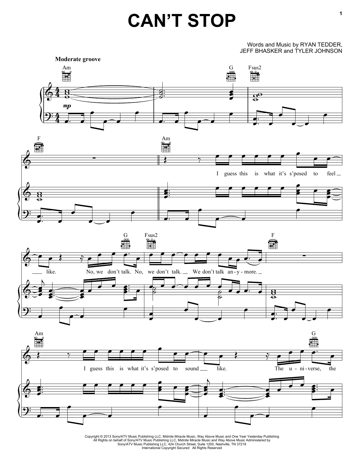 OneRepublic Can't Stop Sheet Music Notes & Chords for Piano, Vocal & Guitar (Right-Hand Melody) - Download or Print PDF