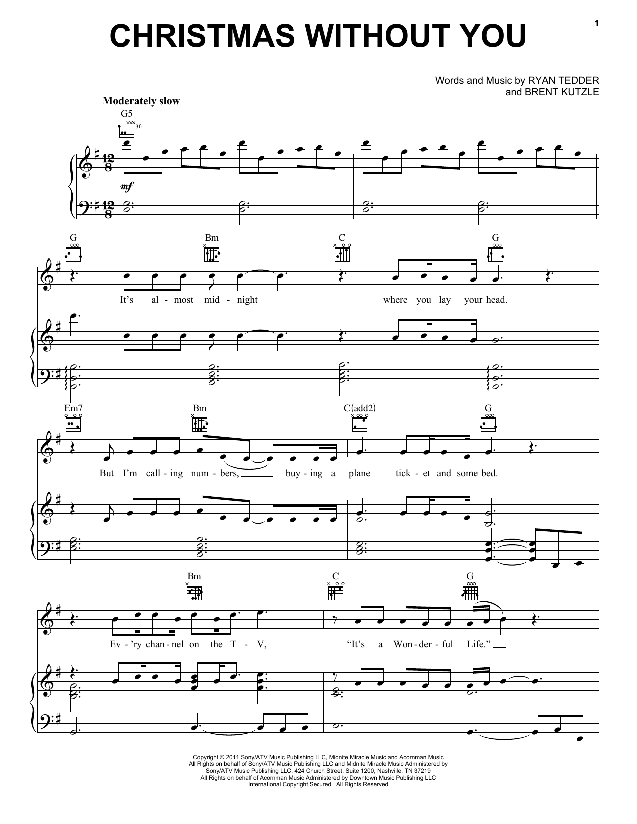 OneRepublic Christmas Without You Sheet Music Notes & Chords for Piano, Vocal & Guitar (Right-Hand Melody) - Download or Print PDF