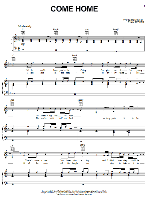 OneRepublic Come Home Sheet Music Notes & Chords for Piano, Vocal & Guitar (Right-Hand Melody) - Download or Print PDF