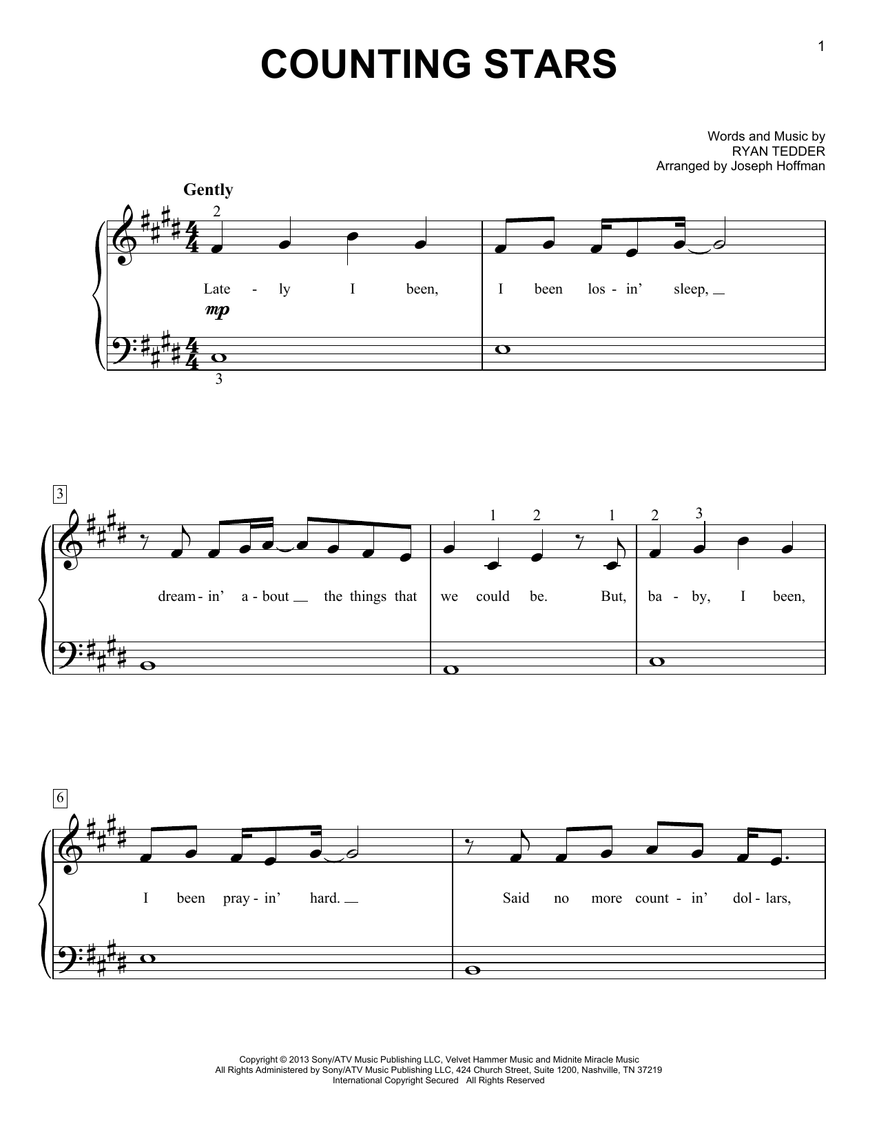 OneRepublic Counting Stars (arr. Joseph Hoffman) Sheet Music Notes & Chords for Easy Piano - Download or Print PDF