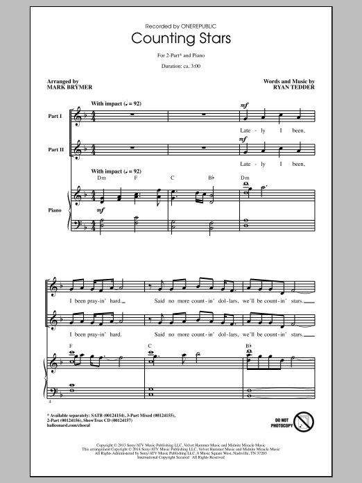 OneRepublic Counting Stars (arr. Mark Brymer) Sheet Music Notes & Chords for SATB - Download or Print PDF