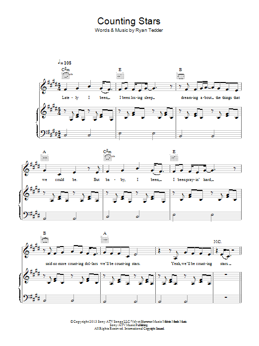 OneRepublic Counting Stars Sheet Music Notes & Chords for Really Easy Guitar - Download or Print PDF