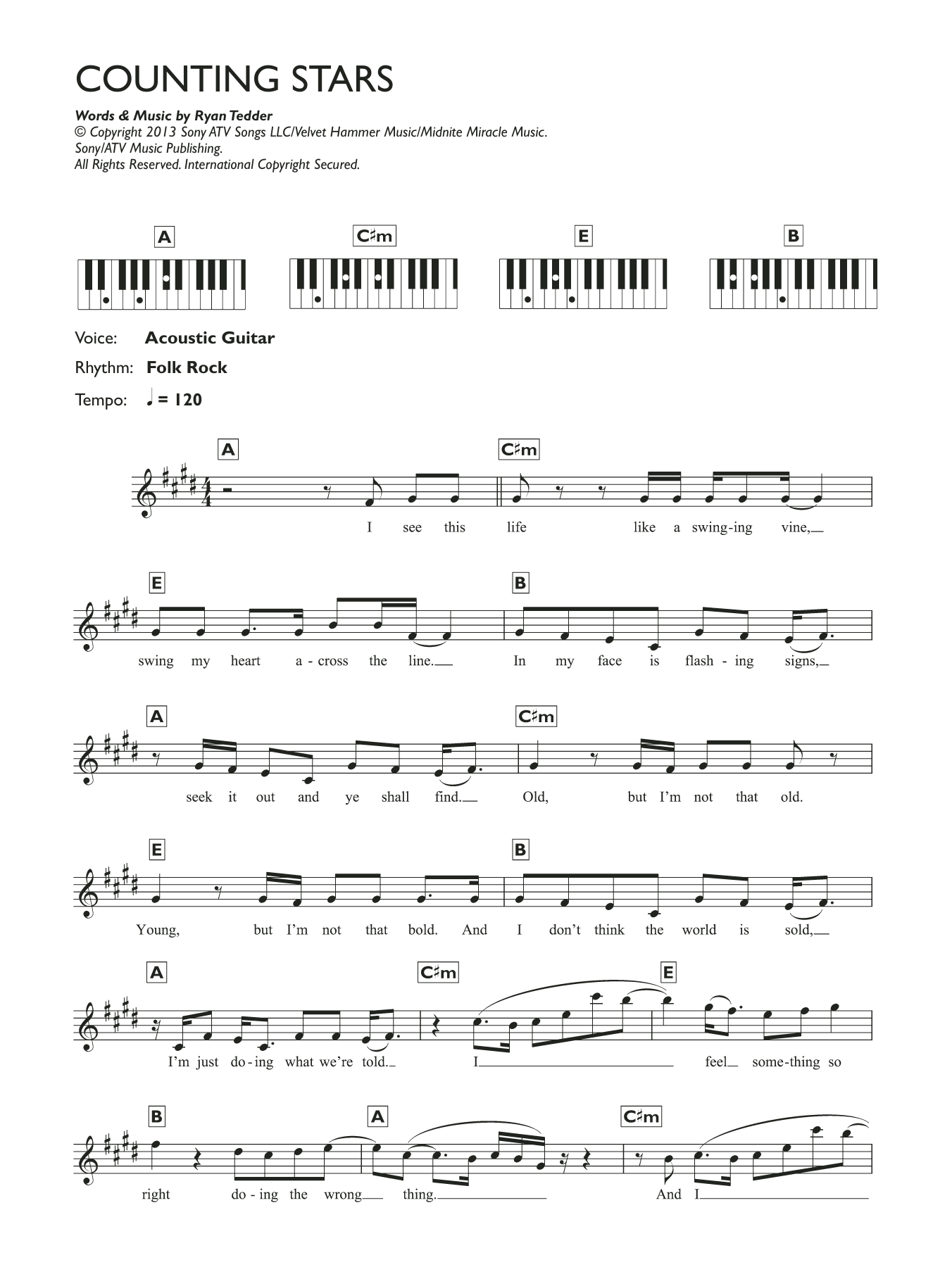 OneRepublic Counting Stars Sheet Music Notes & Chords for Lyrics & Chords - Download or Print PDF
