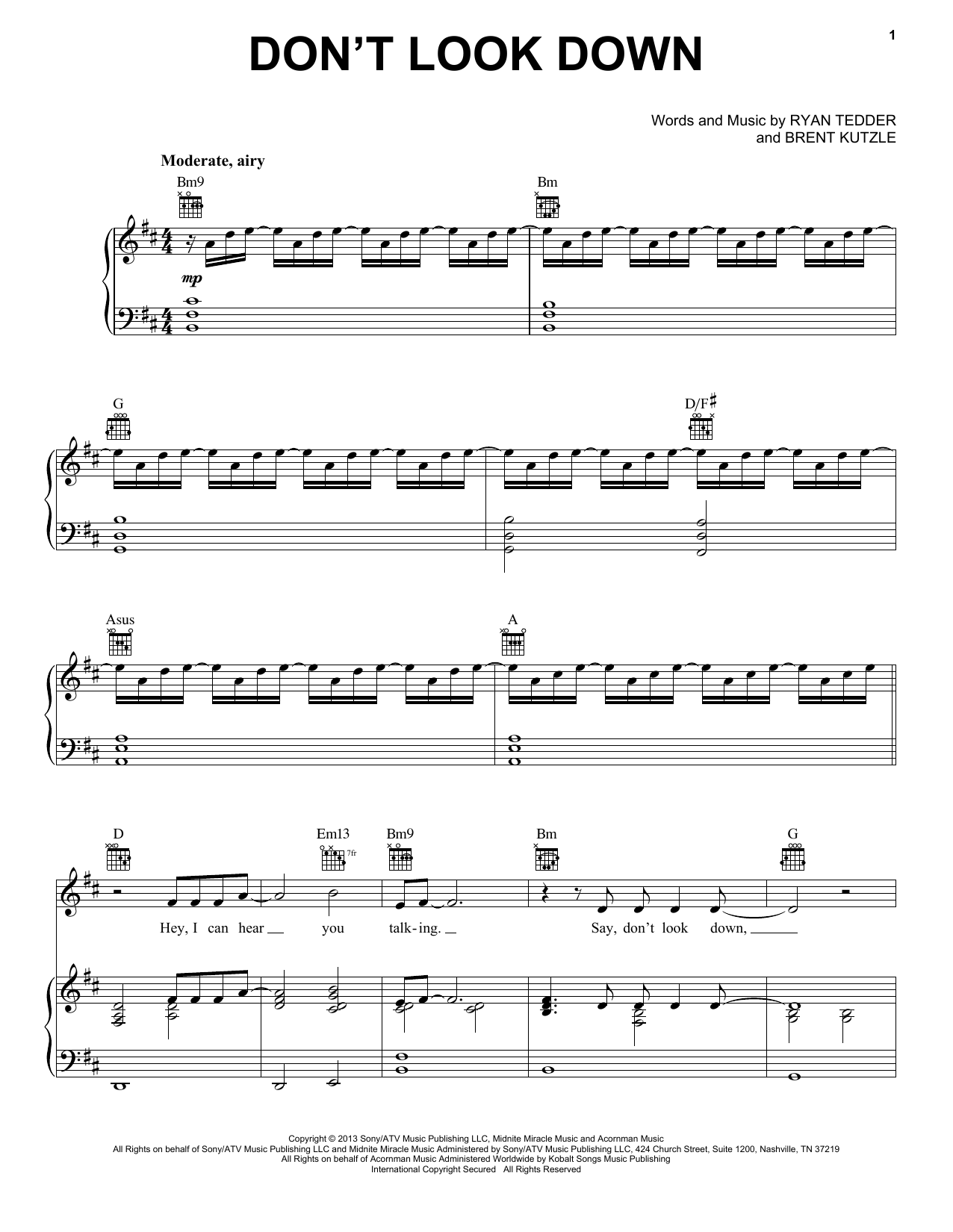 OneRepublic Don't Look Down Sheet Music Notes & Chords for Piano, Vocal & Guitar (Right-Hand Melody) - Download or Print PDF