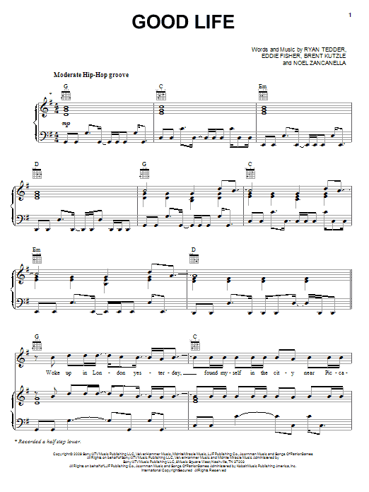 OneRepublic Good Life Sheet Music Notes & Chords for Piano, Vocal & Guitar (Right-Hand Melody) - Download or Print PDF