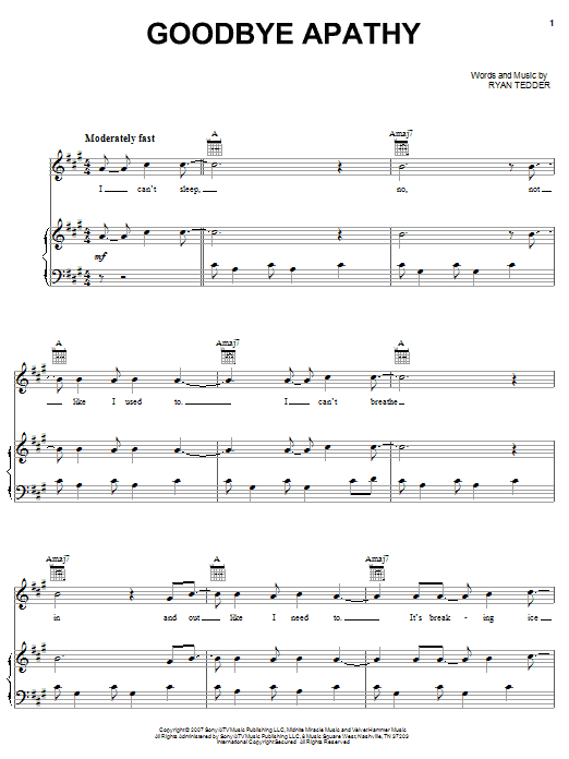 OneRepublic Goodbye Apathy Sheet Music Notes & Chords for Piano, Vocal & Guitar (Right-Hand Melody) - Download or Print PDF