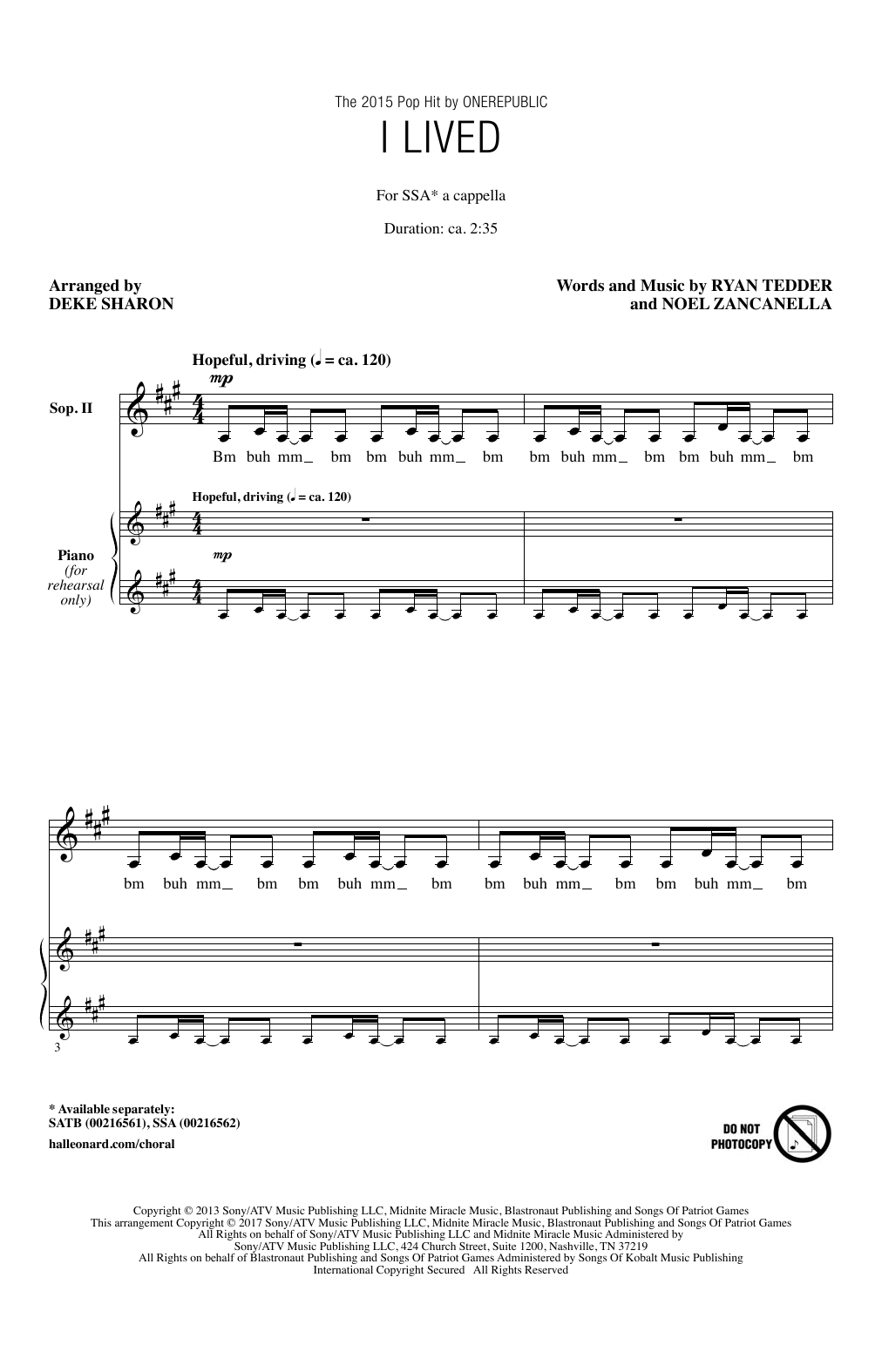 OneRepublic I Lived (arr. Deke Sharon) Sheet Music Notes & Chords for SSA - Download or Print PDF