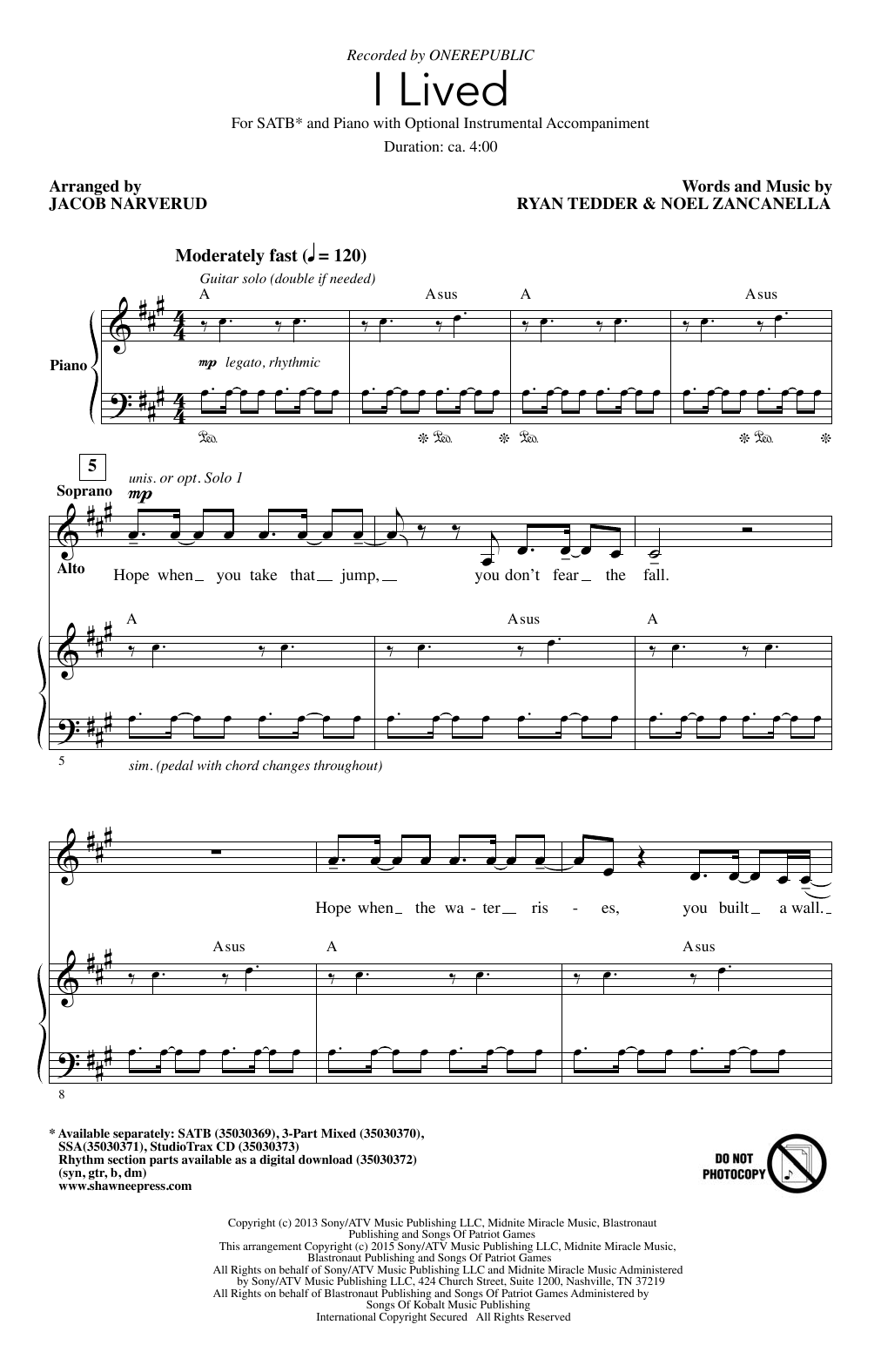 OneRepublic I Lived (arr. Jacob Narverud) Sheet Music Notes & Chords for SSA - Download or Print PDF