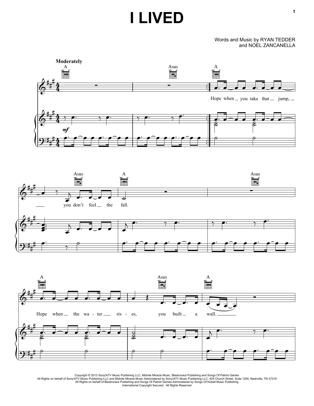 OneRepublic I Lived Sheet Music Notes & Chords for Piano, Vocal & Guitar (Right-Hand Melody) - Download or Print PDF