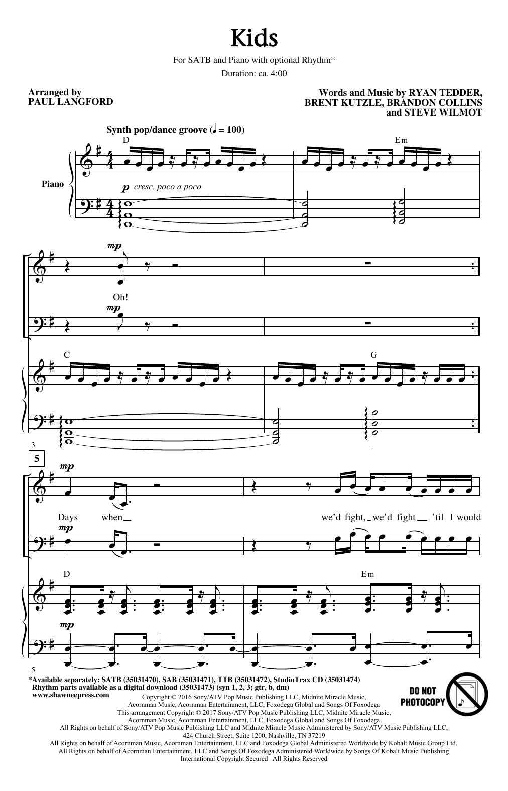 OneRepublic Kids (arr. Paul Langford) Sheet Music Notes & Chords for SATB - Download or Print PDF