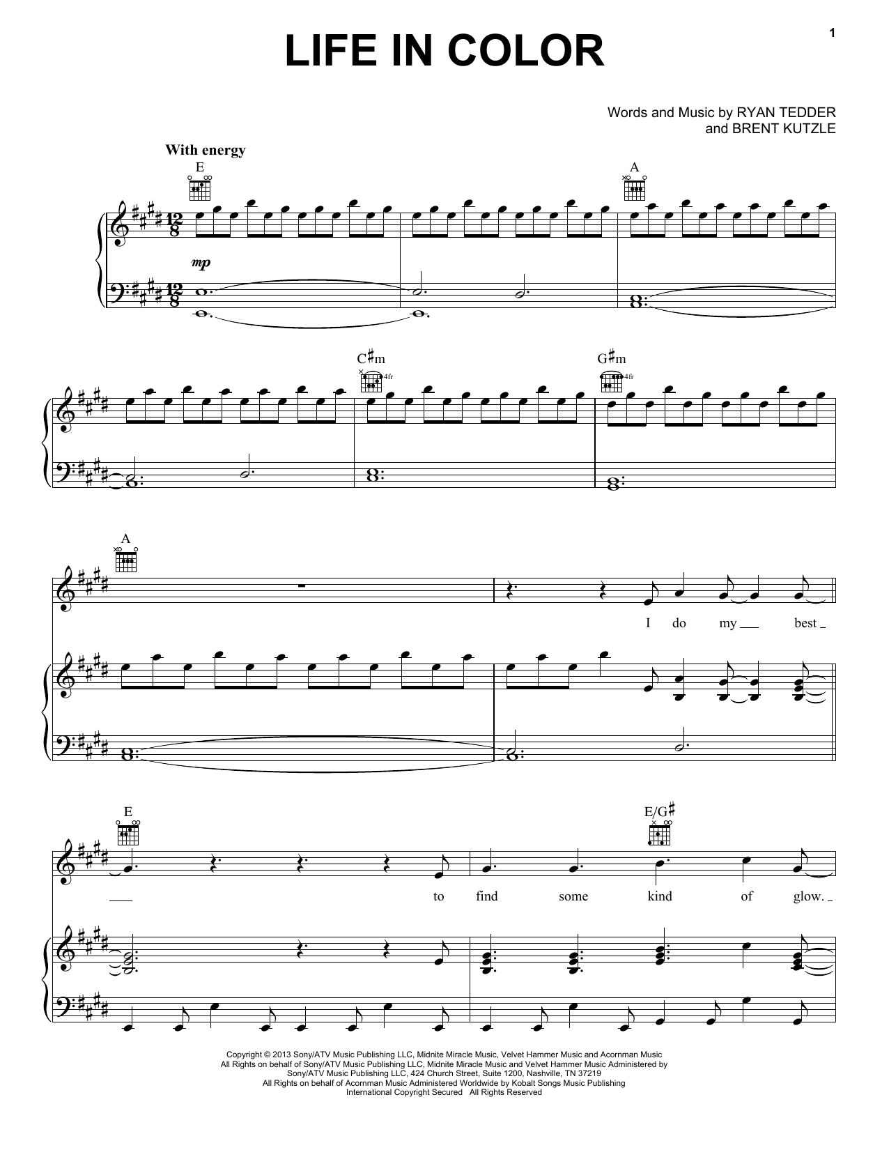 OneRepublic Life In Color Sheet Music Notes & Chords for Piano, Vocal & Guitar (Right-Hand Melody) - Download or Print PDF