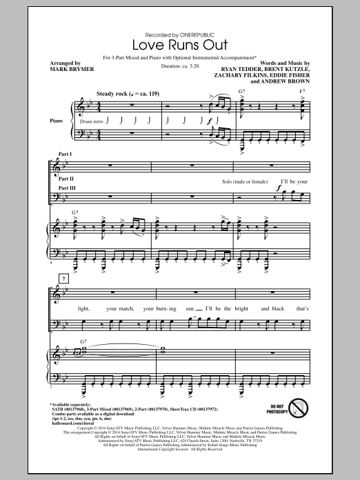 OneRepublic Love Runs Out (arr. Mark Brymer) Sheet Music Notes & Chords for 2-Part Choir - Download or Print PDF OneRepublic Love Runs Out (arr. Mark Brymer) Sheet Music Notes & Chords for 2-Part Choir - Download or Print PDF