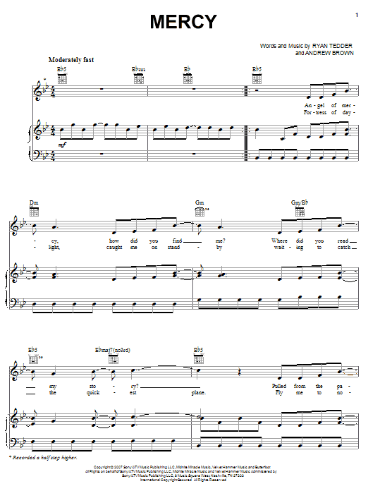 OneRepublic Mercy Sheet Music Notes & Chords for Piano, Vocal & Guitar (Right-Hand Melody) - Download or Print PDF