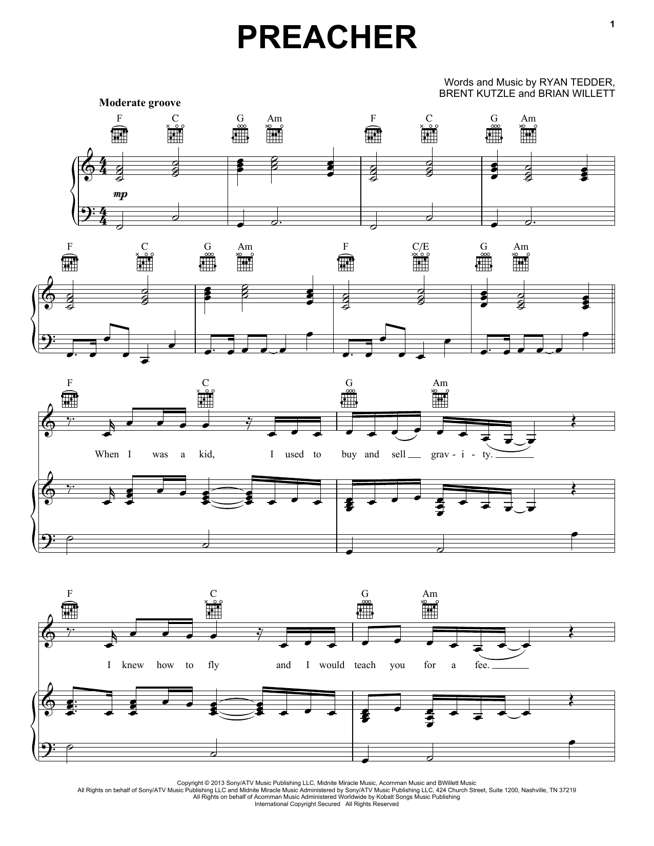OneRepublic Preacher Sheet Music Notes & Chords for Piano, Vocal & Guitar (Right-Hand Melody) - Download or Print PDF