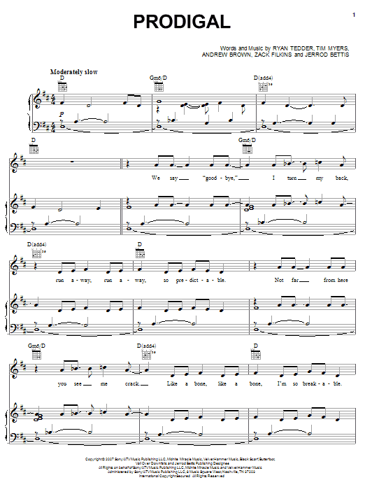 OneRepublic Prodigal Sheet Music Notes & Chords for Piano, Vocal & Guitar (Right-Hand Melody) - Download or Print PDF