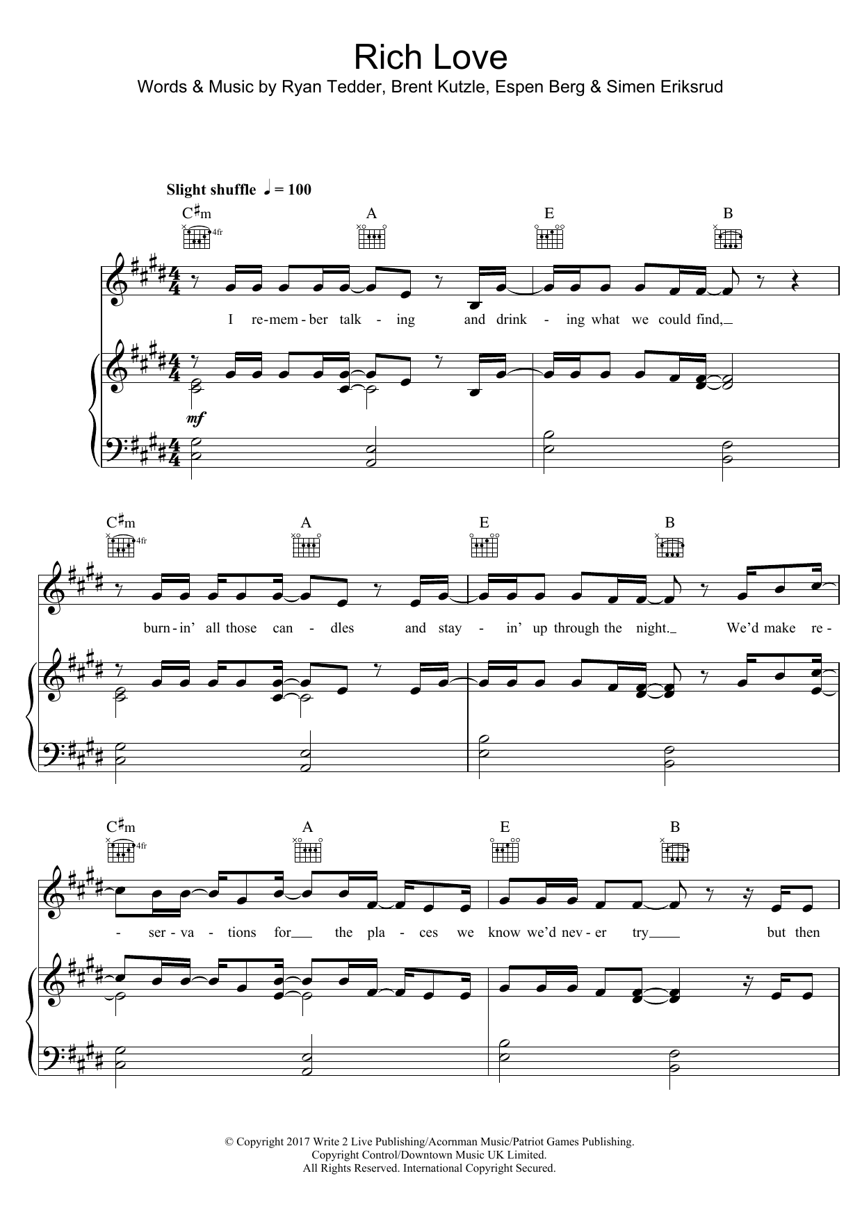 OneRepublic Rich Love (featuring Seeb) Sheet Music Notes & Chords for Piano, Vocal & Guitar (Right-Hand Melody) - Download or Print PDF