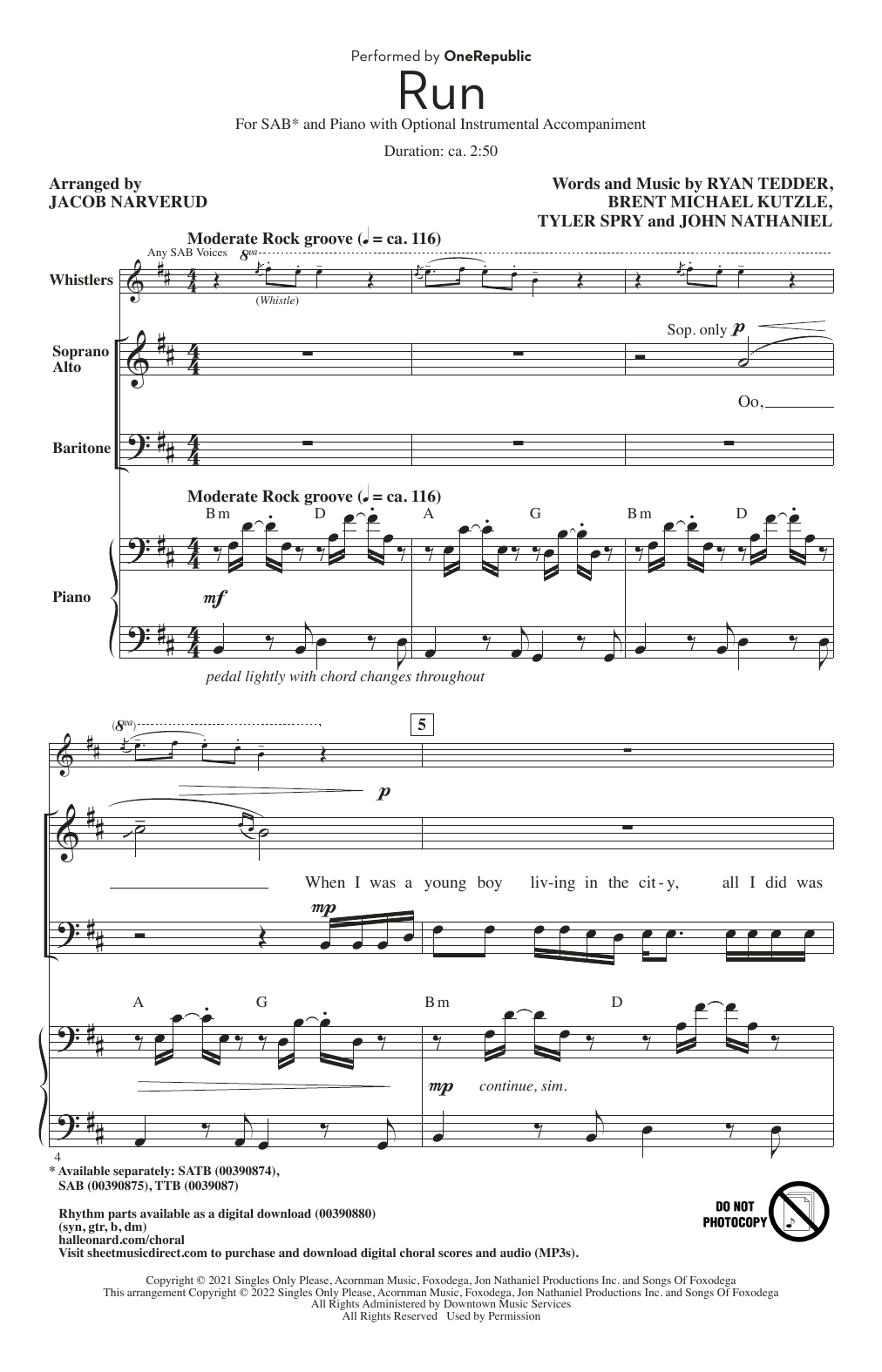OneRepublic Run (arr. Jacob Narverud) Sheet Music Notes & Chords for TBB Choir - Download or Print PDF