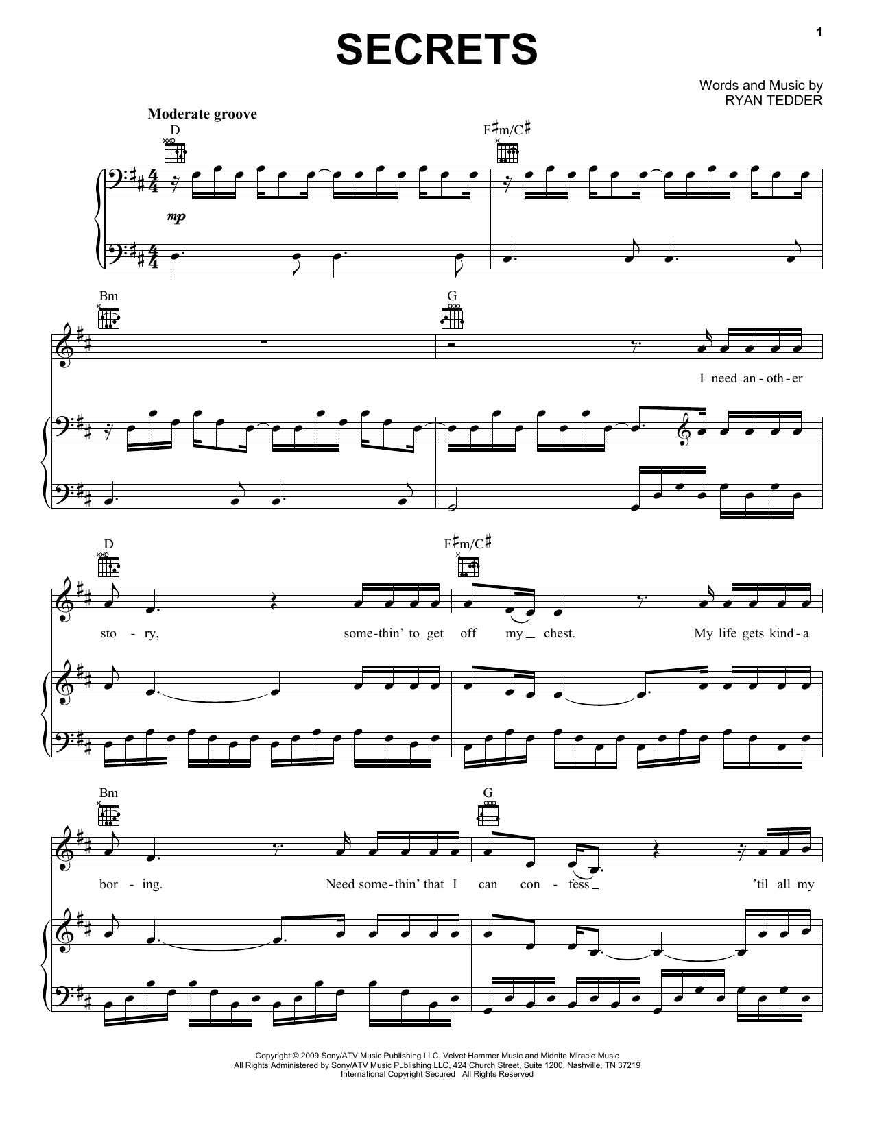 OneRepublic Secrets Sheet Music Notes & Chords for Piano, Vocal & Guitar (Right-Hand Melody) - Download or Print PDF