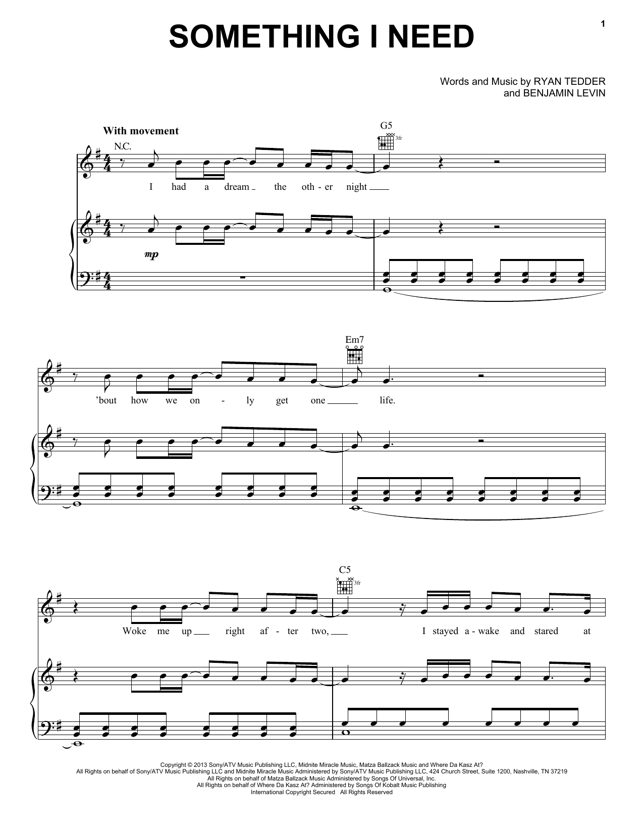 OneRepublic Something I Need Sheet Music Notes & Chords for Piano, Vocal & Guitar (Right-Hand Melody) - Download or Print PDF