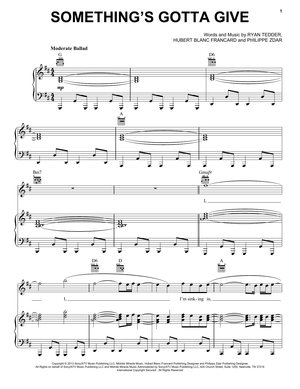 OneRepublic Something's Gotta Give Sheet Music Notes & Chords for Piano, Vocal & Guitar (Right-Hand Melody) - Download or Print PDF