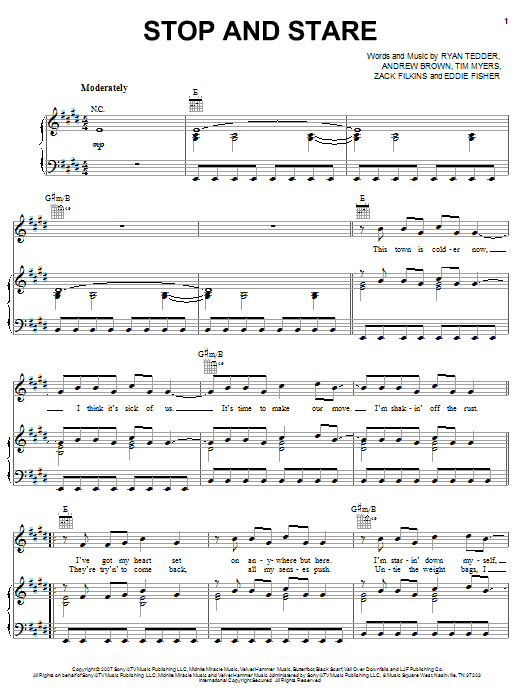 OneRepublic Stop And Stare Sheet Music Notes & Chords for Piano, Vocal & Guitar (Right-Hand Melody) - Download or Print PDF