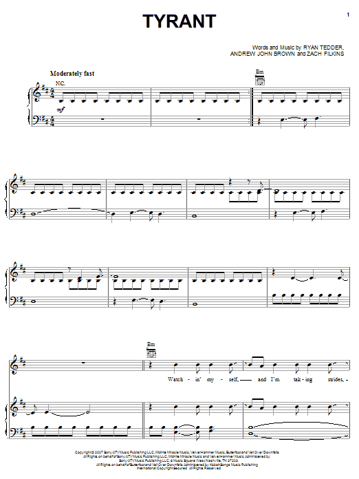 OneRepublic Tyrant Sheet Music Notes & Chords for Piano, Vocal & Guitar (Right-Hand Melody) - Download or Print PDF