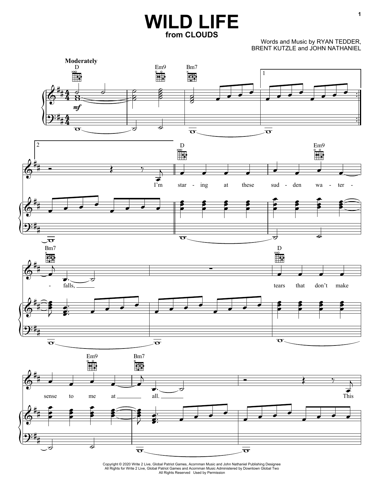 OneRepublic Wild Life (from the Disney+ movie Clouds) Sheet Music Notes & Chords for Piano, Vocal & Guitar (Right-Hand Melody) - Download or Print PDF