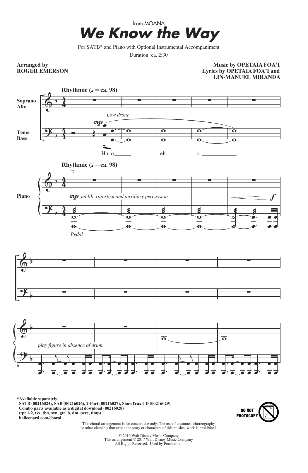 Opetaia Foa'i & Lin-Manuel Miranda We Know The Way (from Moana) (arr. Roger Emerson) Sheet Music Notes & Chords for SAB - Download or Print PDF