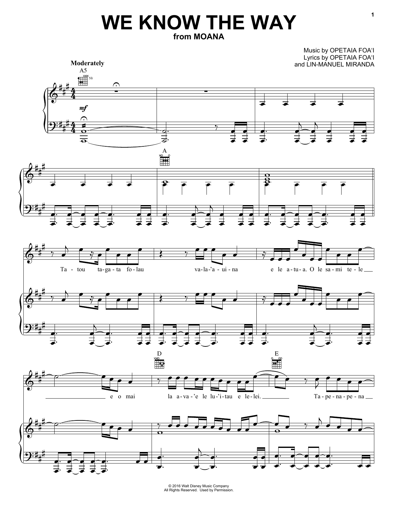 Opetaia Foa'i & Lin-Manuel Miranda We Know The Way (from Moana) sheet music notes and chords. Download Printable PDF.