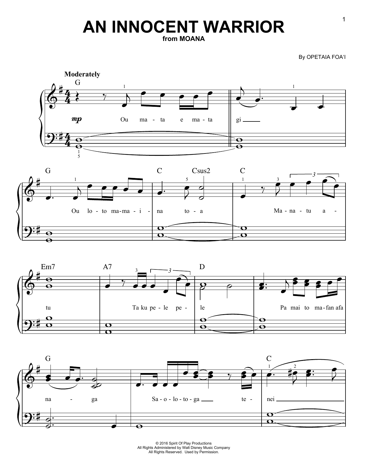 Opetaia Foa'i An Innocent Warrior (from Moana) Sheet Music Notes & Chords for Easy Piano - Download or Print PDF