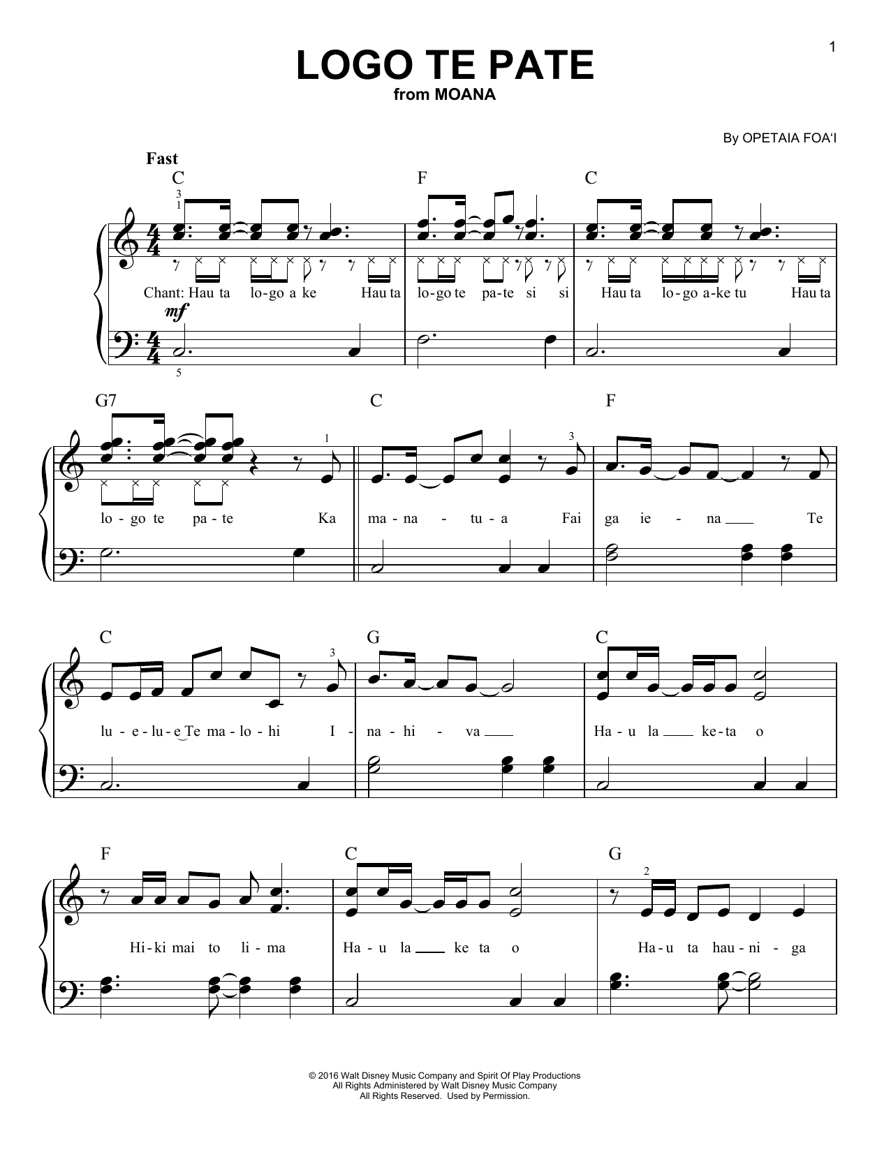 Opetaia Foa'i Logo Te Pate (from Moana) Sheet Music Notes & Chords for Piano, Vocal & Guitar (Right-Hand Melody) - Download or Print PDF