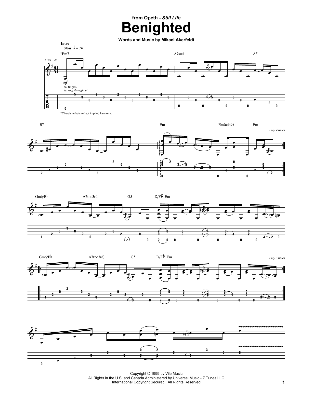 Opeth Benighted Sheet Music Notes & Chords for Guitar Tab - Download or Print PDF