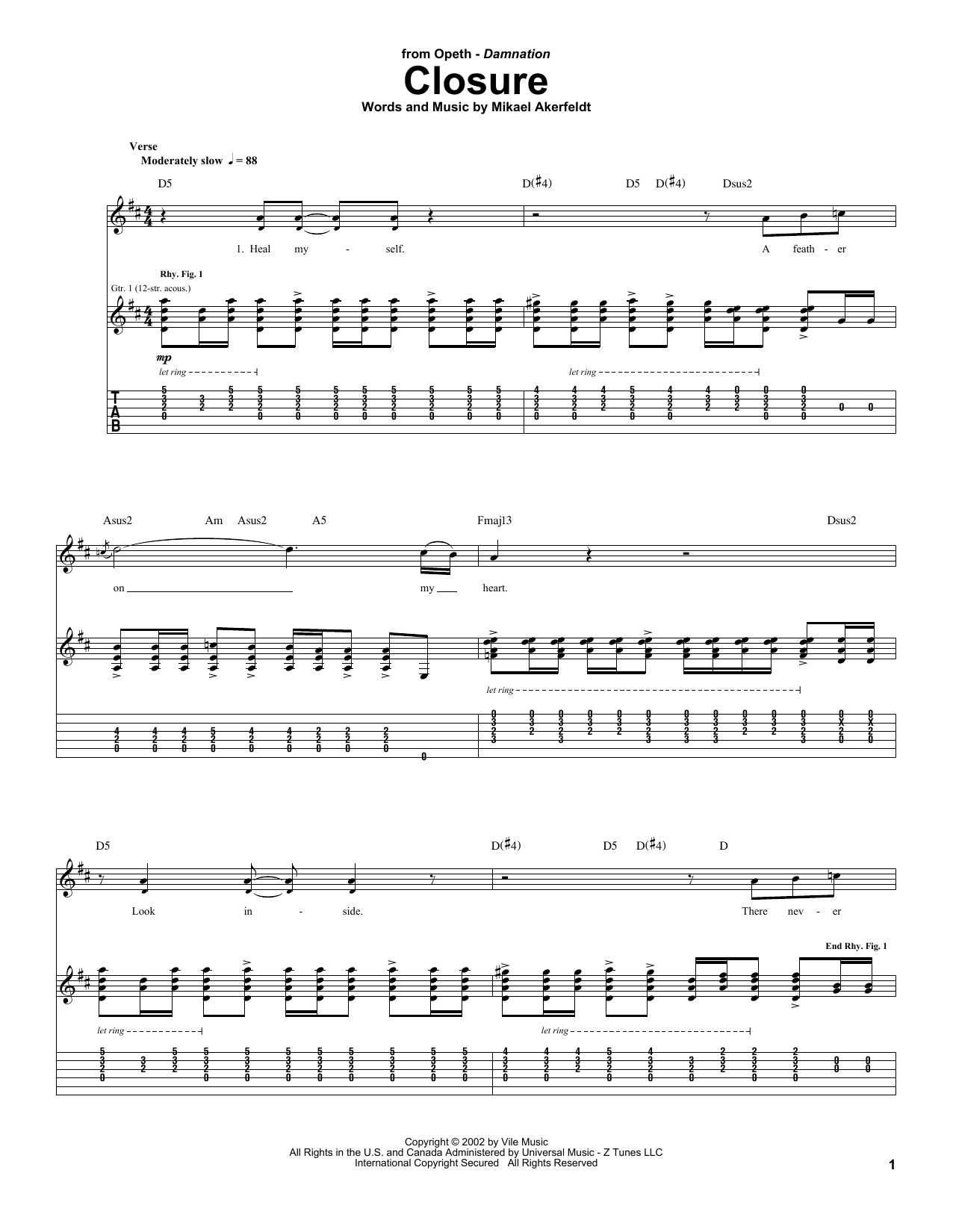Opeth Closure Sheet Music Notes & Chords for Guitar Tab - Download or Print PDF