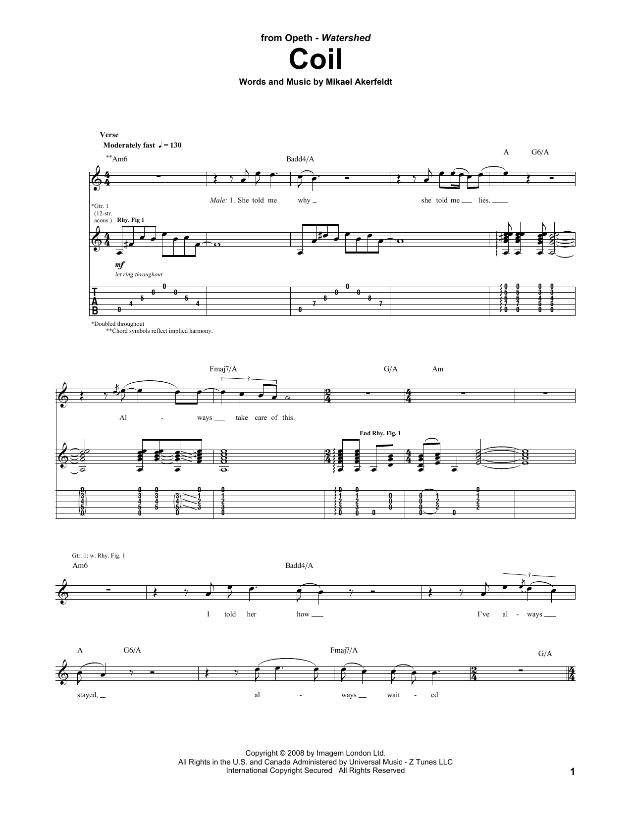 Opeth Coil Sheet Music Notes & Chords for Guitar Tab - Download or Print PDF