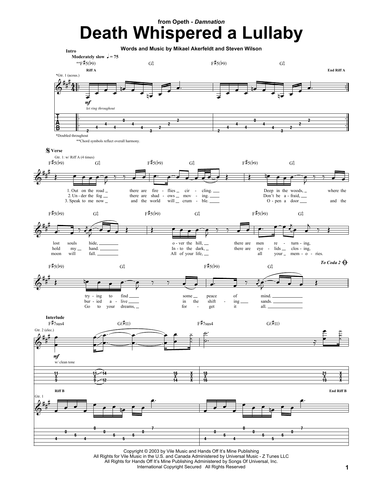 Opeth Death Whispered A Lullaby Sheet Music Notes & Chords for Guitar Tab - Download or Print PDF