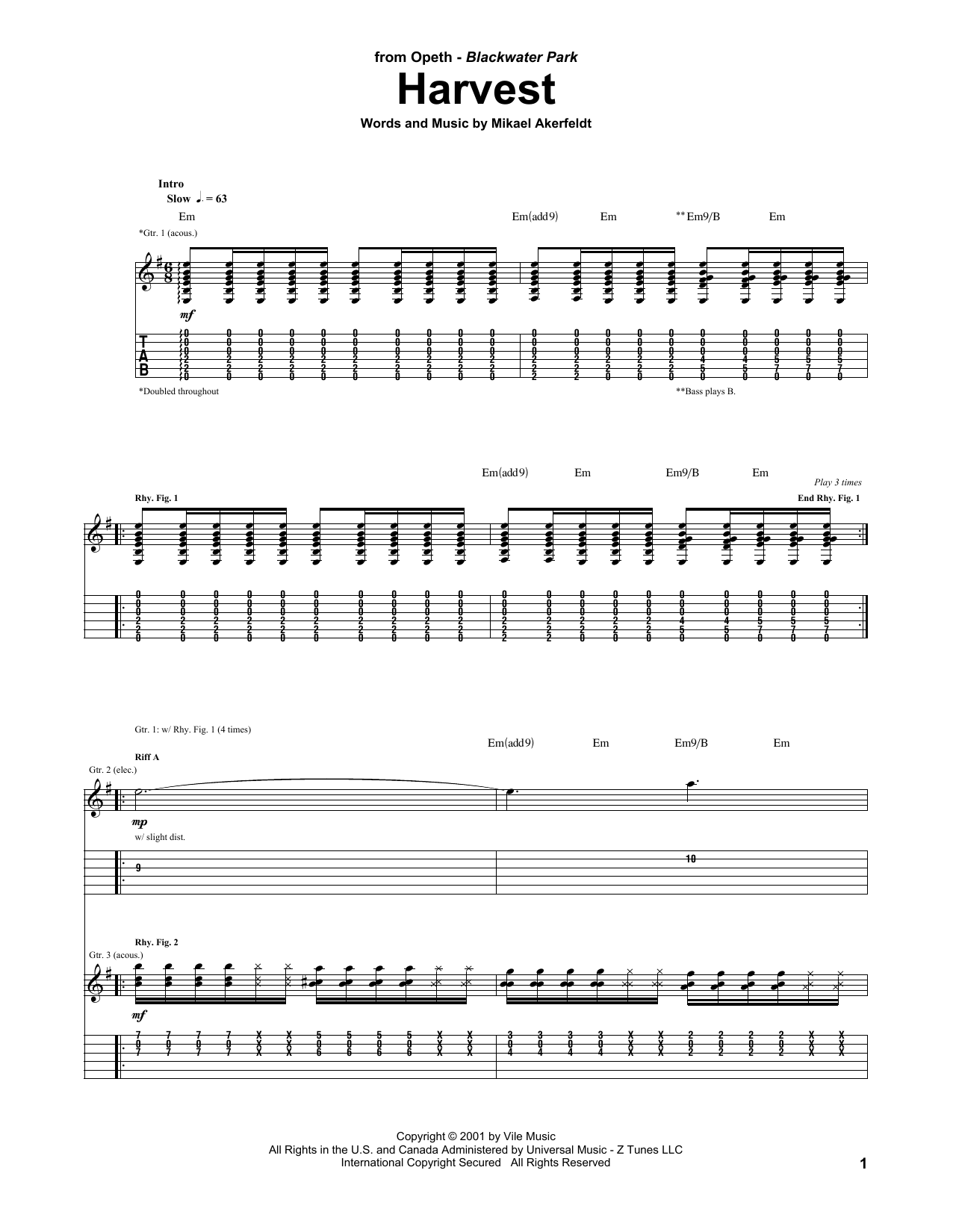 Opeth Harvest Sheet Music Notes & Chords for Guitar Tab - Download or Print PDF
