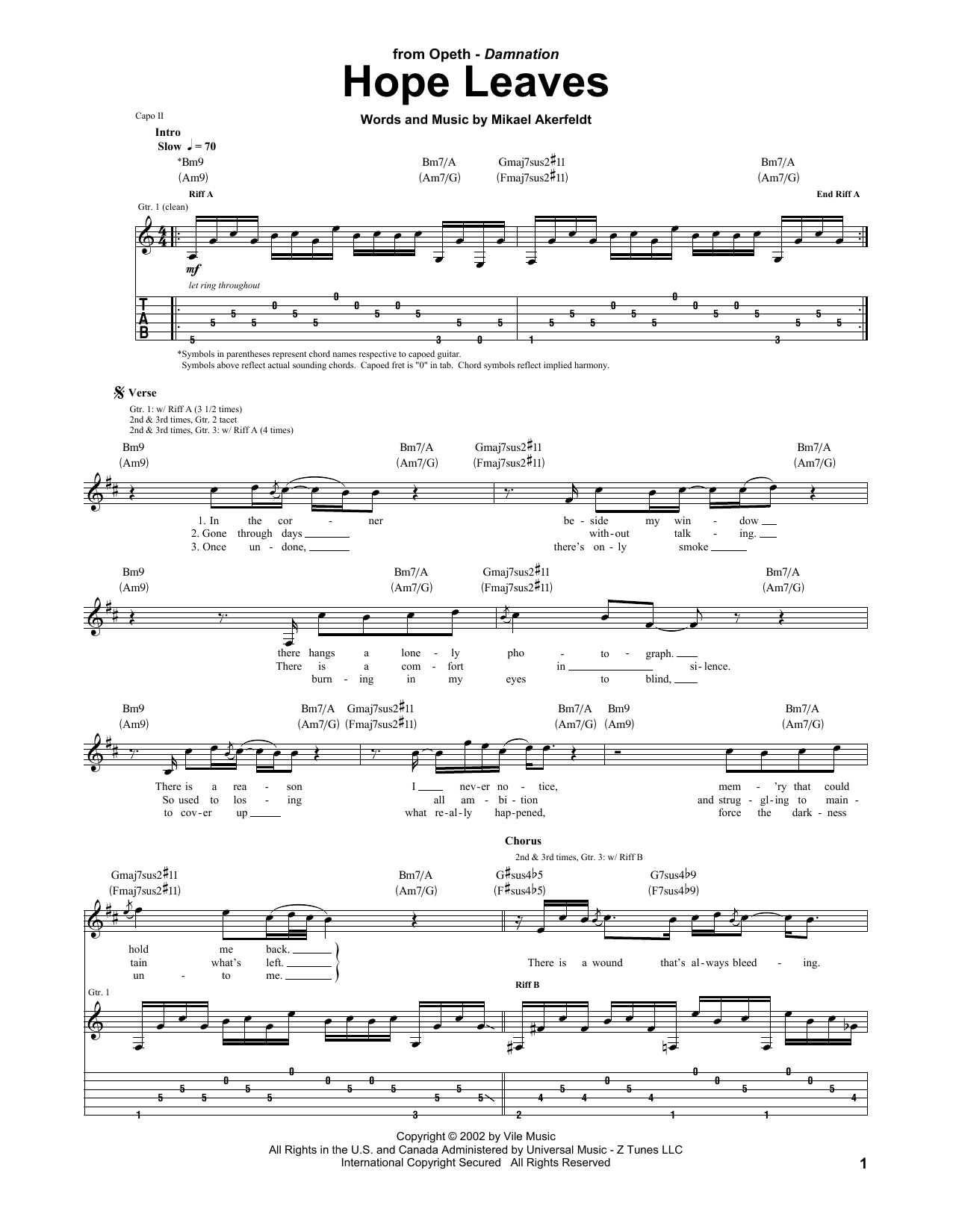 Opeth Hope Leaves Sheet Music Notes & Chords for Guitar Tab - Download or Print PDF
