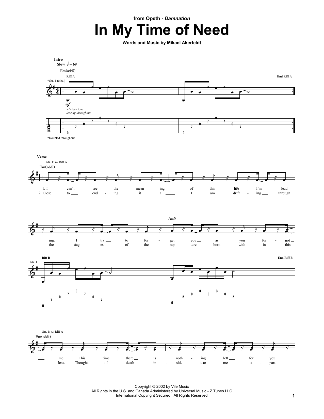Opeth In My Time Of Need Sheet Music Notes & Chords for Guitar Tab - Download or Print PDF