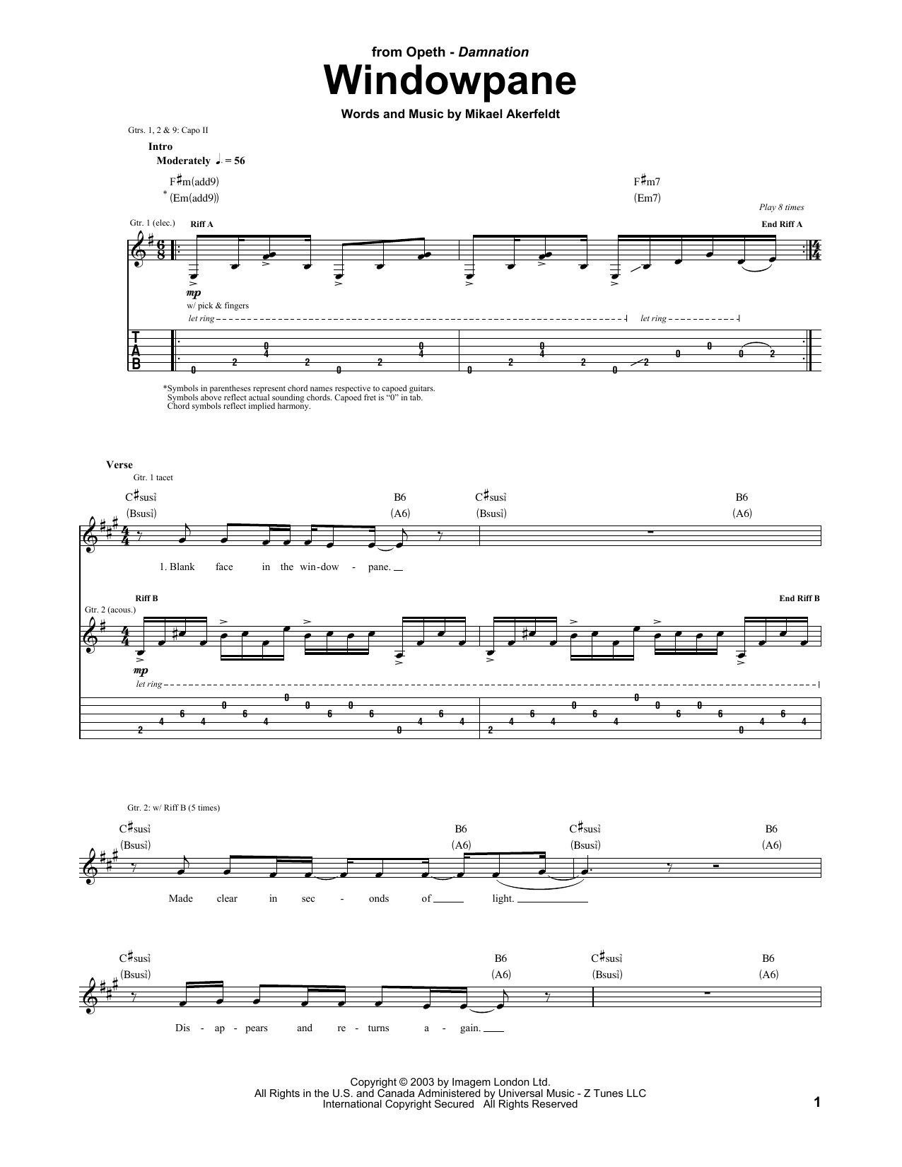 Opeth Windowpane Sheet Music Notes & Chords for Bass Guitar Tab - Download or Print PDF