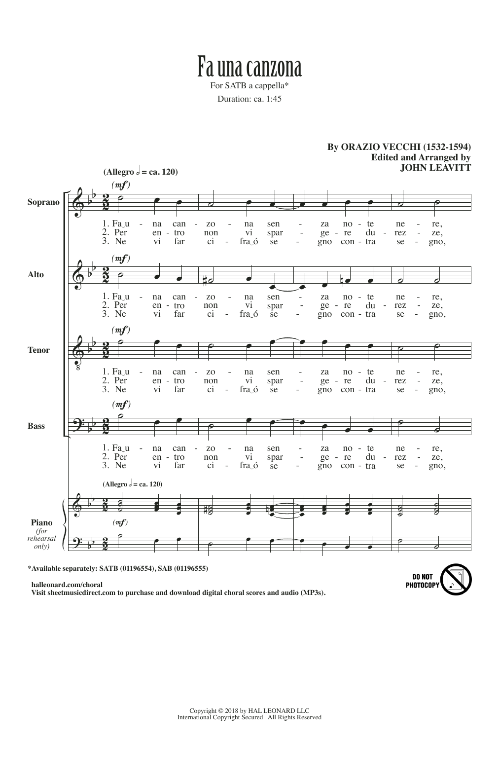 Orazio Vecchi Fa Una Canzona (arr. John Leavitt) Sheet Music Notes & Chords for SAB Choir - Download or Print PDF