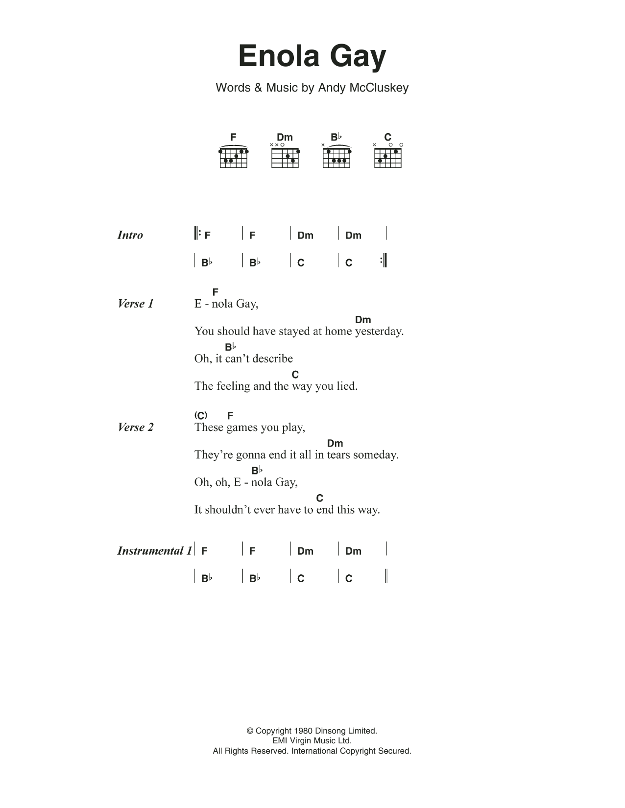 Orchestral Manouvers in the Dark Enola Gay Sheet Music Notes & Chords for Lyrics & Chords - Download or Print PDF