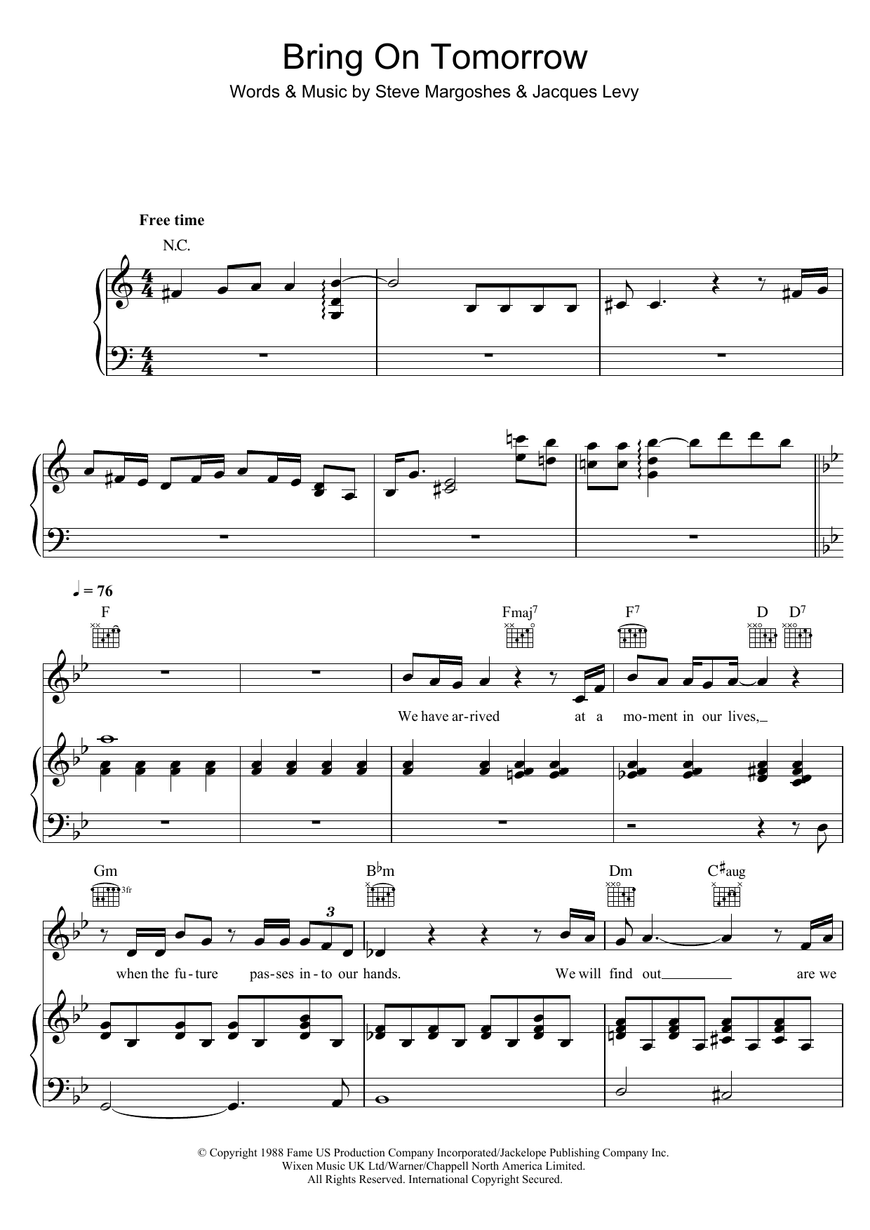 Original Cast Recording Bring On Tomorrow (from 'Fame') Sheet Music Notes & Chords for Piano, Vocal & Guitar (Right-Hand Melody) - Download or Print PDF Original Cast Recording Bring On Tomorrow (from 'Fame') Sheet Music Notes & Chords for Piano, Vocal & Guitar (Right-Hand Melody) - Download or Print PDF