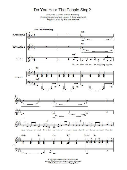 Boublil and Schonberg Do You Hear The People Sing? (from Les Miserables) Sheet Music Notes & Chords for SSA - Download or Print PDF Boublil and Schonberg Do You Hear The People Sing? (from Les Miserables) Sheet Music Notes & Chords for SSA - Download or Print PDF