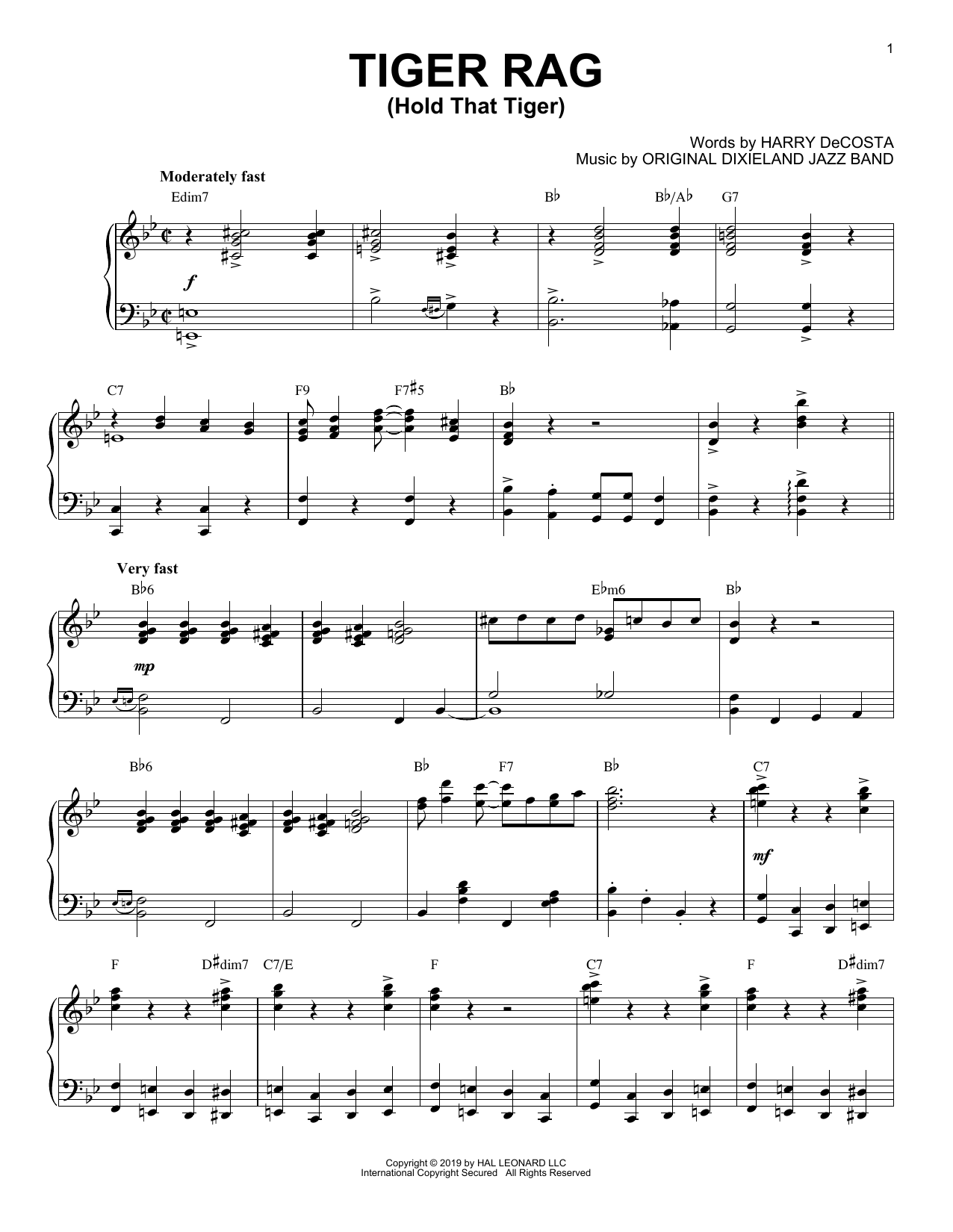 Original Dixieland Jazz Band Tiger Rag (Hold That Tiger) [Jazz version] Sheet Music Notes & Chords for Piano Solo - Download or Print PDF