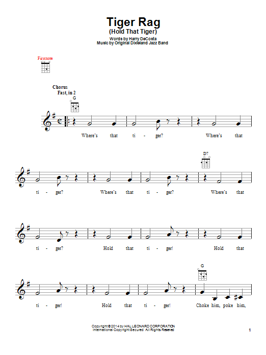 Original Dixieland Jazz Band Tiger Rag (Hold That Tiger) Sheet Music Notes & Chords for Ukulele - Download or Print PDF