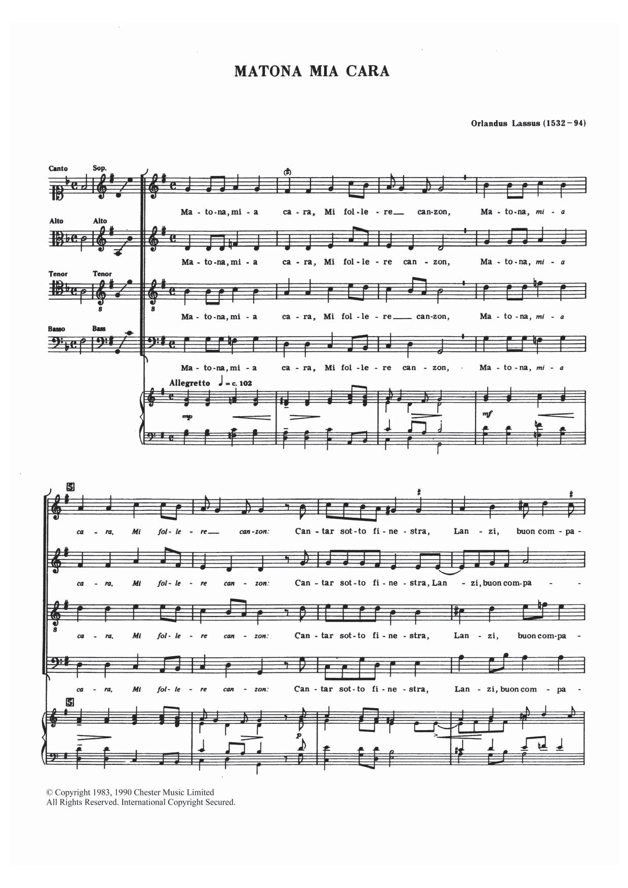 Orlandus Lassus Matona Mia Cara Sheet Music Notes & Chords for Choir - Download or Print PDF