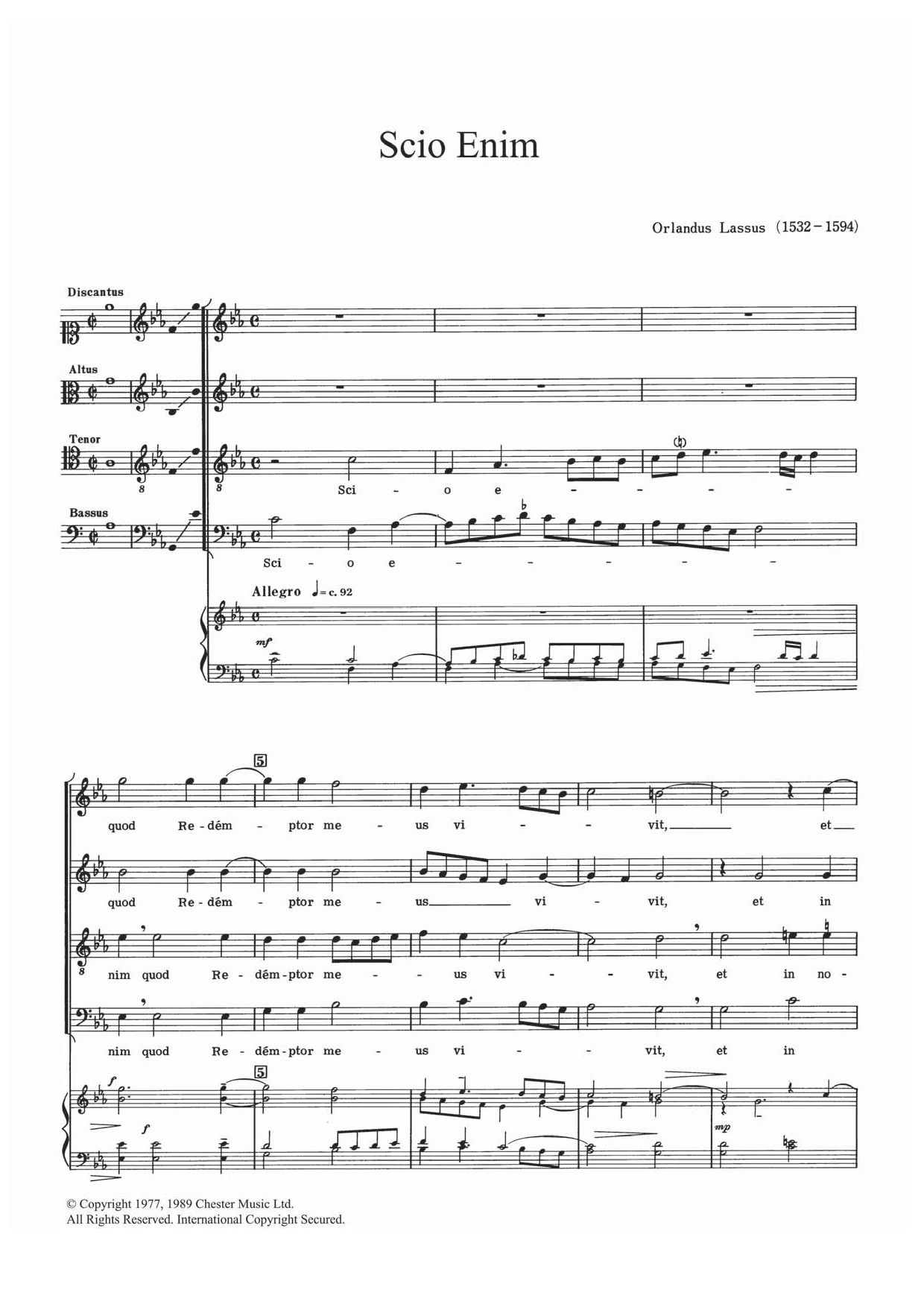 Orlandus Lassus Scio Enim Sheet Music Notes & Chords for SATB - Download or Print PDF