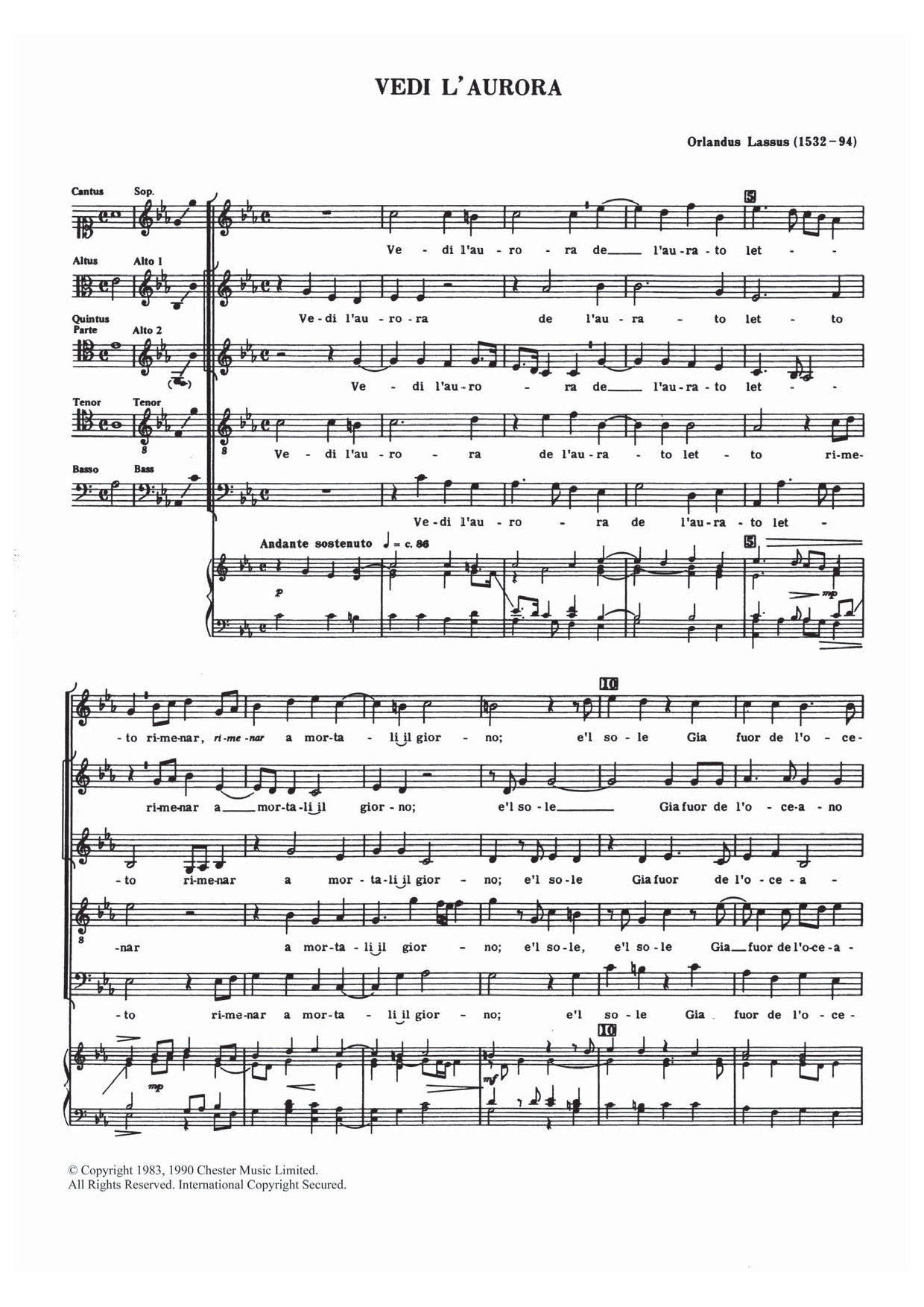 Orlandus Lassus Vedi L'aurora Sheet Music Notes & Chords for Choir - Download or Print PDF
